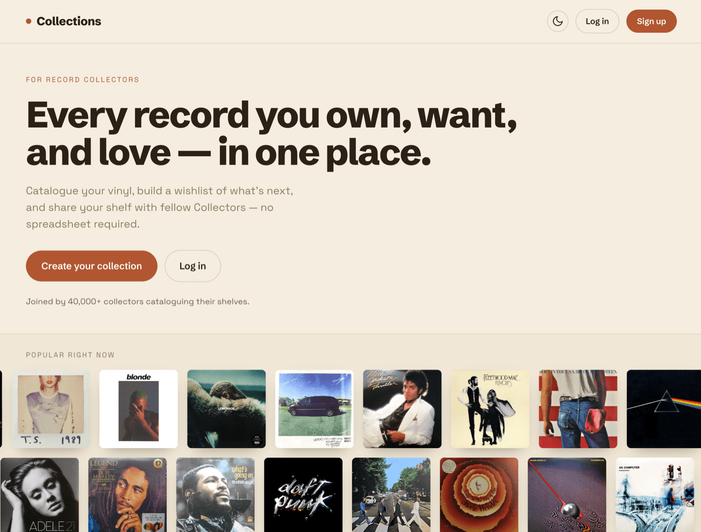 Screenshot of the Collections vinyl record collection app