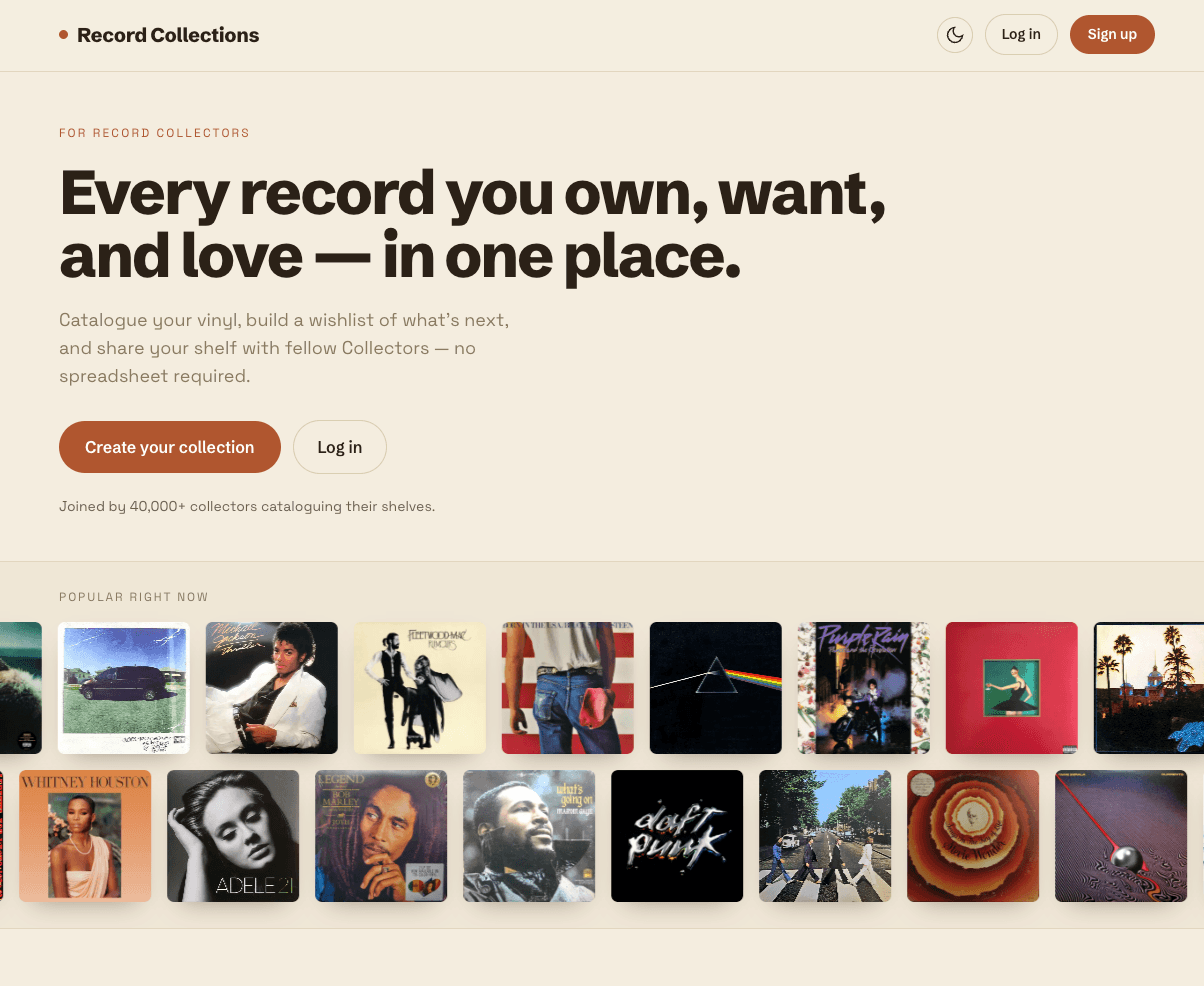 Screenshot of the Record Collections vinyl record collection app landing page